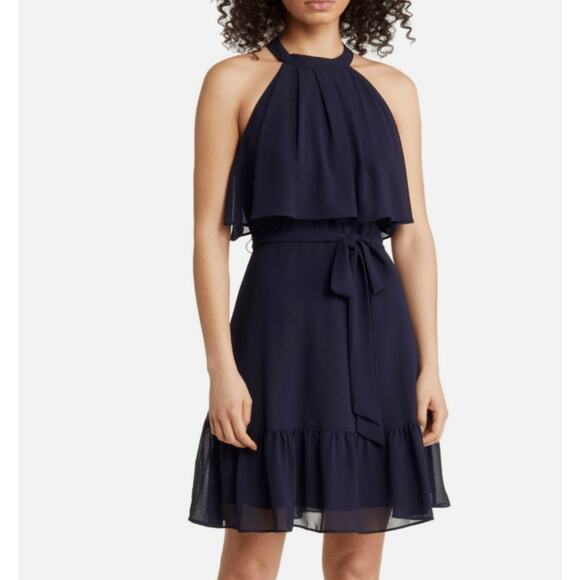 Eliza J Dress Womens Size 4 Tiered Popover Halter Navy Blue Flouncy Sleeveless - Picture 3 of 9